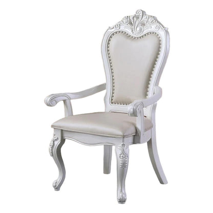 Zenie Dining Armchair Set of 2, Carved Cabriole, Faux Leather, White Wood