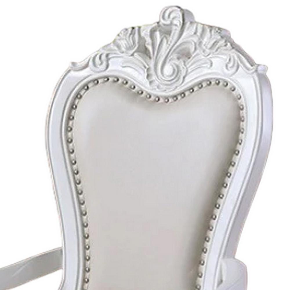 Zenie Dining Armchair Set of 2, Carved Cabriole, Faux Leather, White Wood