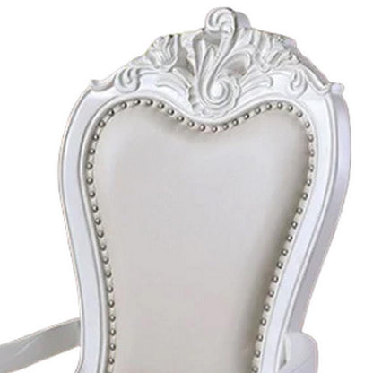 Zenie Dining Armchair Set of 2, Carved Cabriole, Faux Leather, White Wood