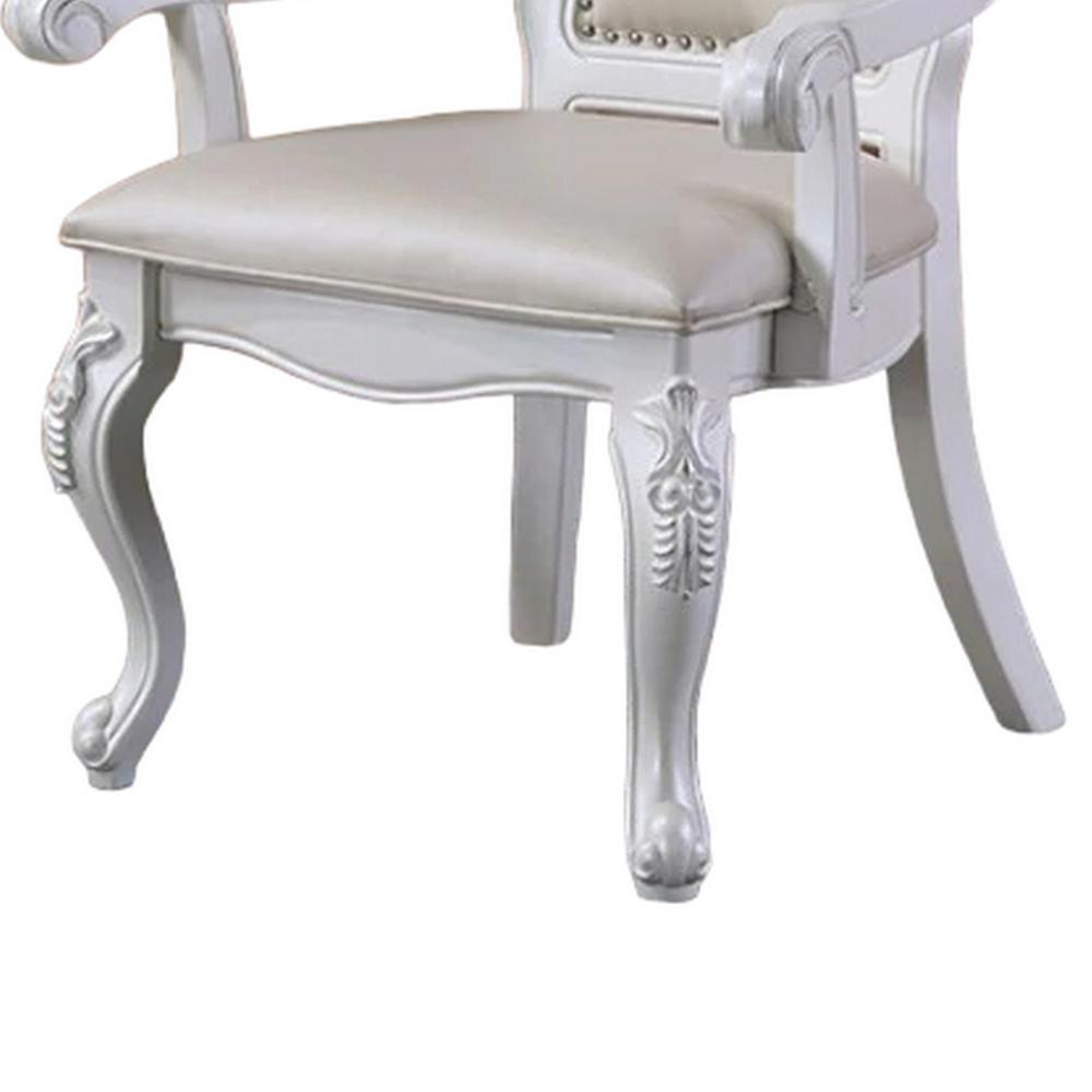 Zenie Dining Armchair Set of 2, Carved Cabriole, Faux Leather, White Wood