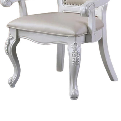 Zenie Dining Armchair Set of 2, Carved Cabriole, Faux Leather, White Wood