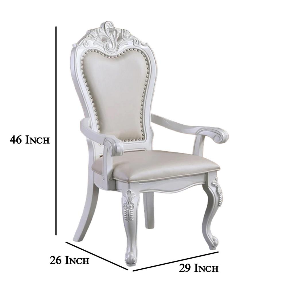 Zenie Dining Armchair Set of 2, Carved Cabriole, Faux Leather, White Wood