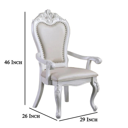Zenie Dining Armchair Set of 2, Carved Cabriole, Faux Leather, White Wood