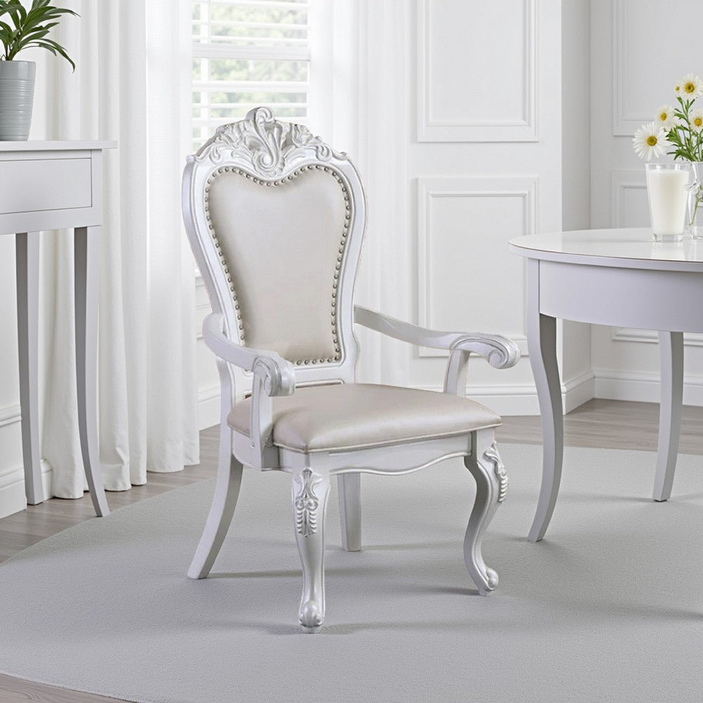 Zenie Dining Armchair Set of 2, Carved Cabriole, Faux Leather, White Wood