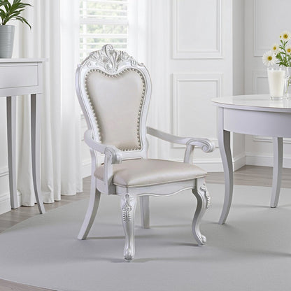 Zenie Dining Armchair Set of 2, Carved Cabriole, Faux Leather, White Wood