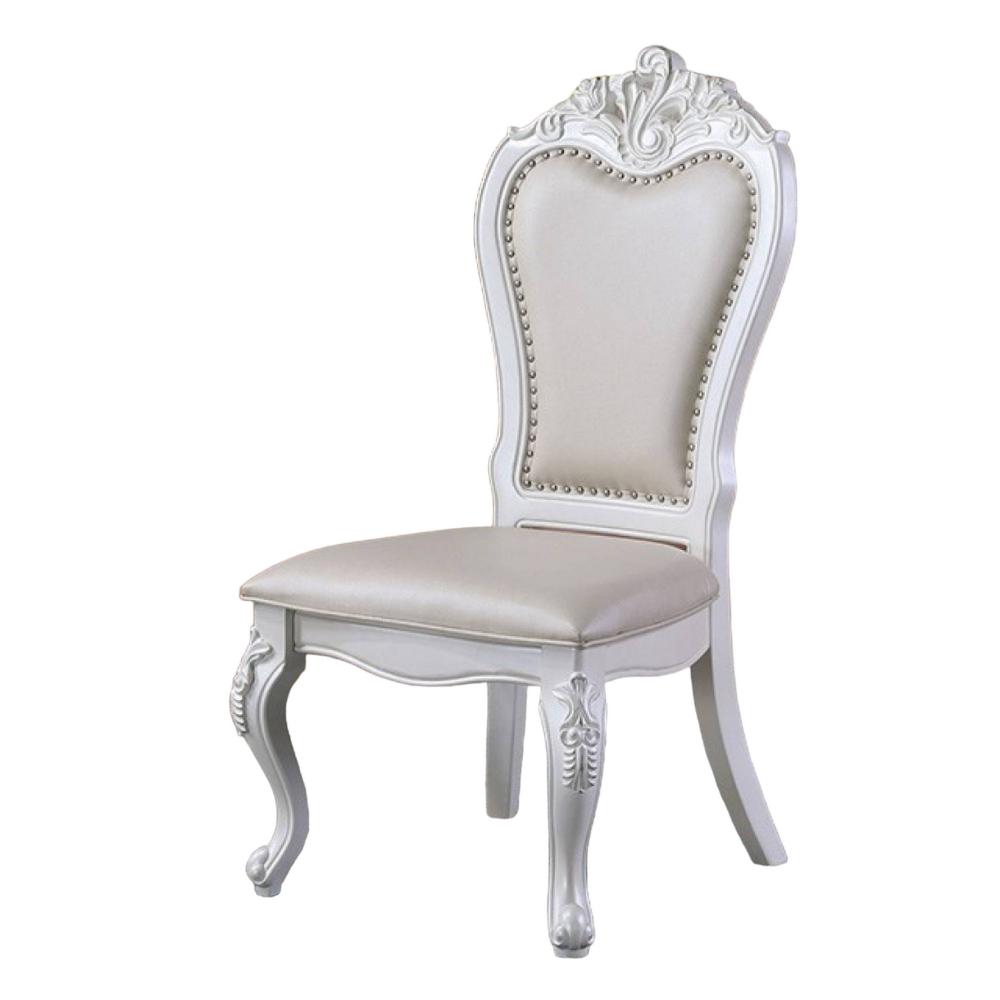 Zenie Dining Side Chair Set of 2, Carved Cabriole, Faux Leather, White Wood