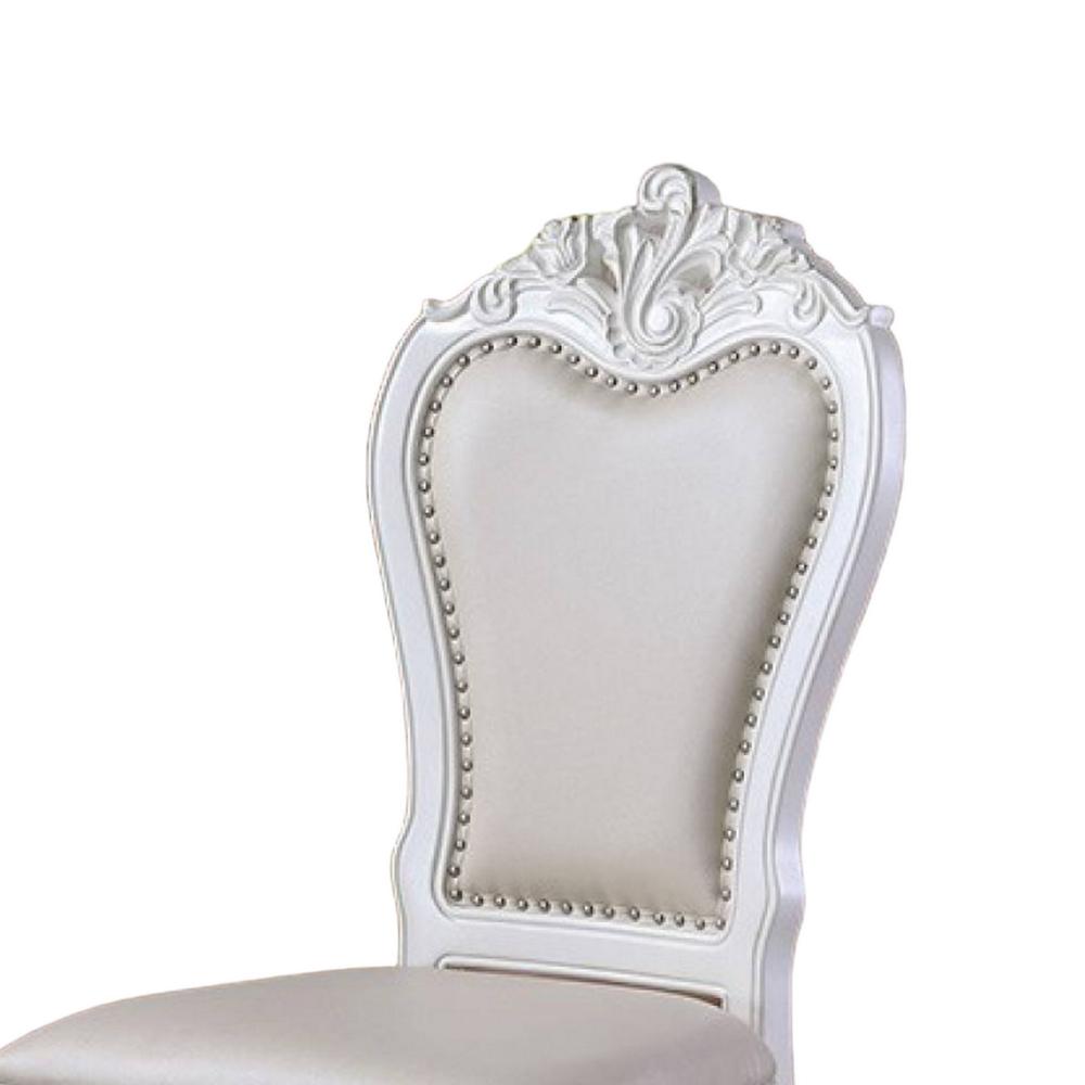 Zenie Dining Side Chair Set of 2, Carved Cabriole, Faux Leather, White Wood