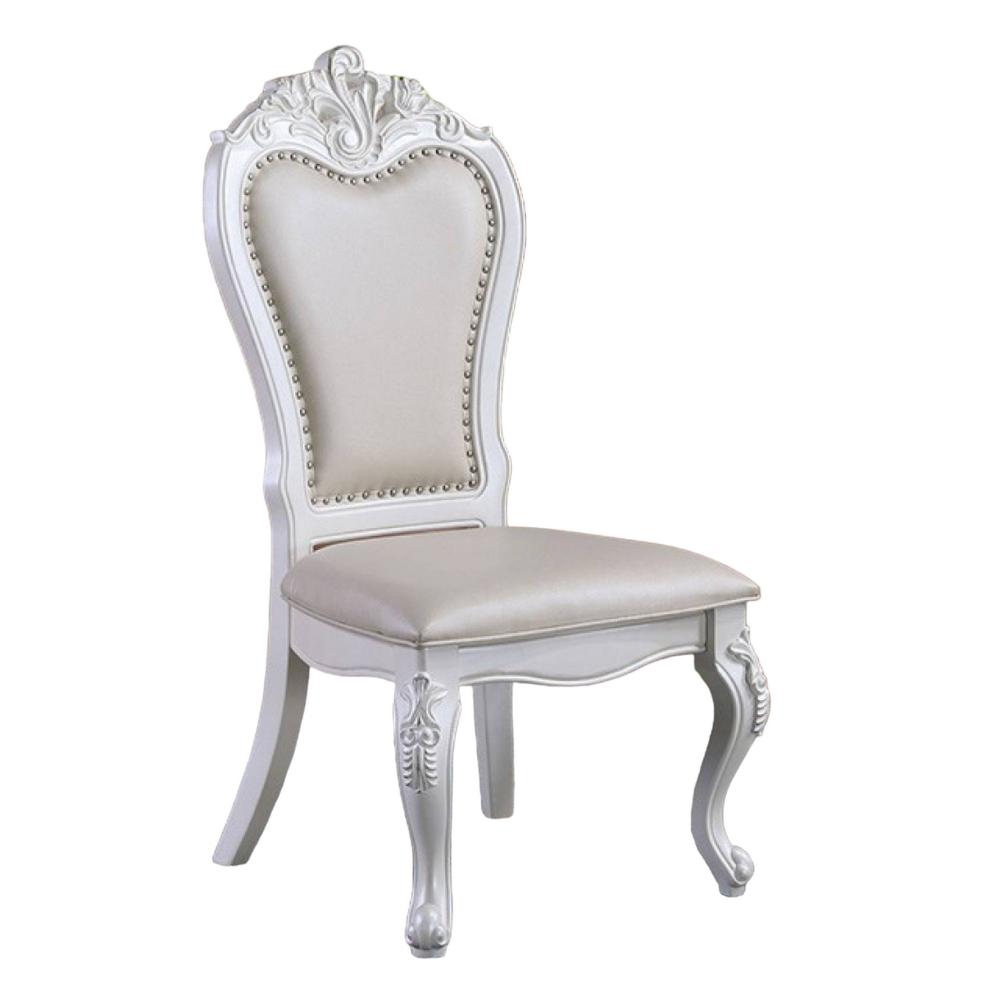 Zenie Dining Side Chair Set of 2, Carved Cabriole, Faux Leather, White Wood