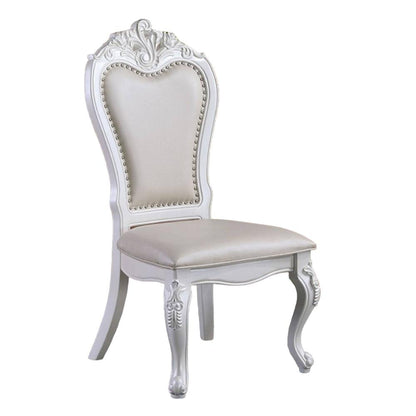 Zenie Dining Side Chair Set of 2, Carved Cabriole, Faux Leather, White Wood