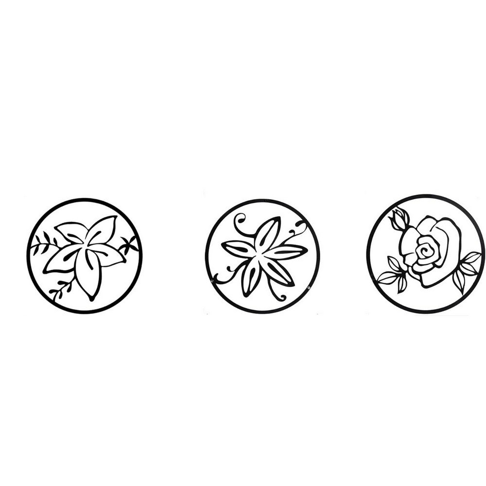Cinq 3 Piece Set Wall Decor, Floral Hollow Out Abstract Design, Black Round Metal Frame