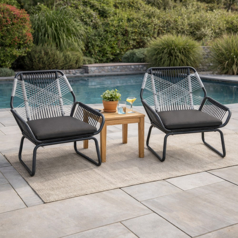 Ciao Accent Club Chair Set of 2, Outdoor Gray Cushions, Gray Rope and Steel