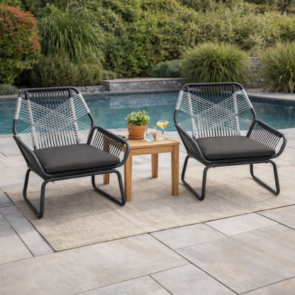 Ciao Accent Club Chair Set of 2, Outdoor Gray Cushions, Gray Rope and Steel
