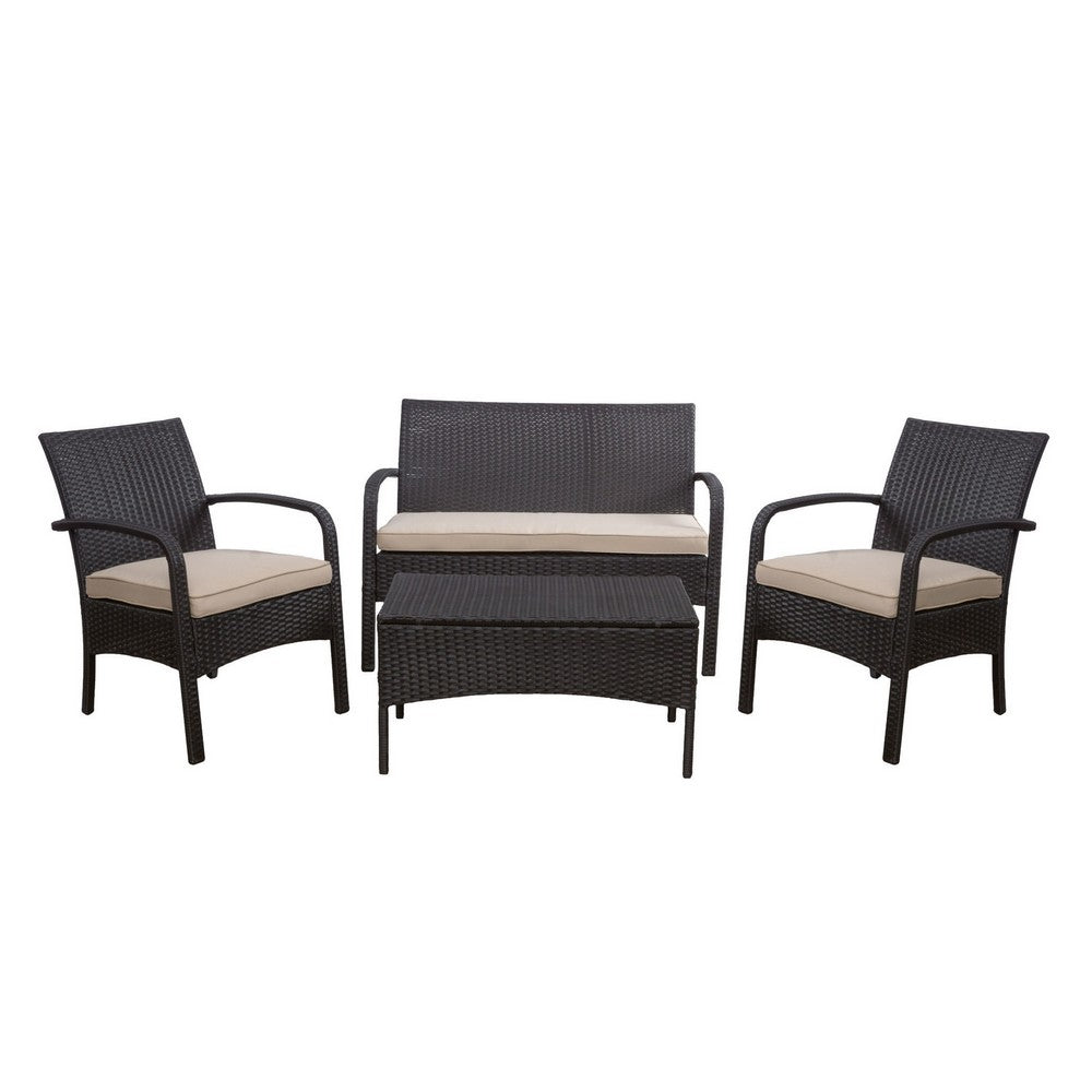 Orry 4pc Outdoor Table Set, 1 Loveseat, 2 Accent Chairs, Tan, Brown Rattan