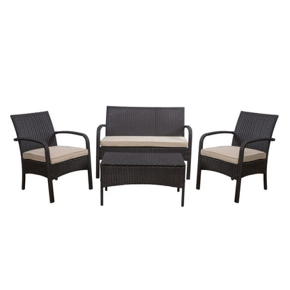 Orry 4pc Outdoor Table Set, 1 Loveseat, 2 Accent Chairs, Tan, Brown Rattan