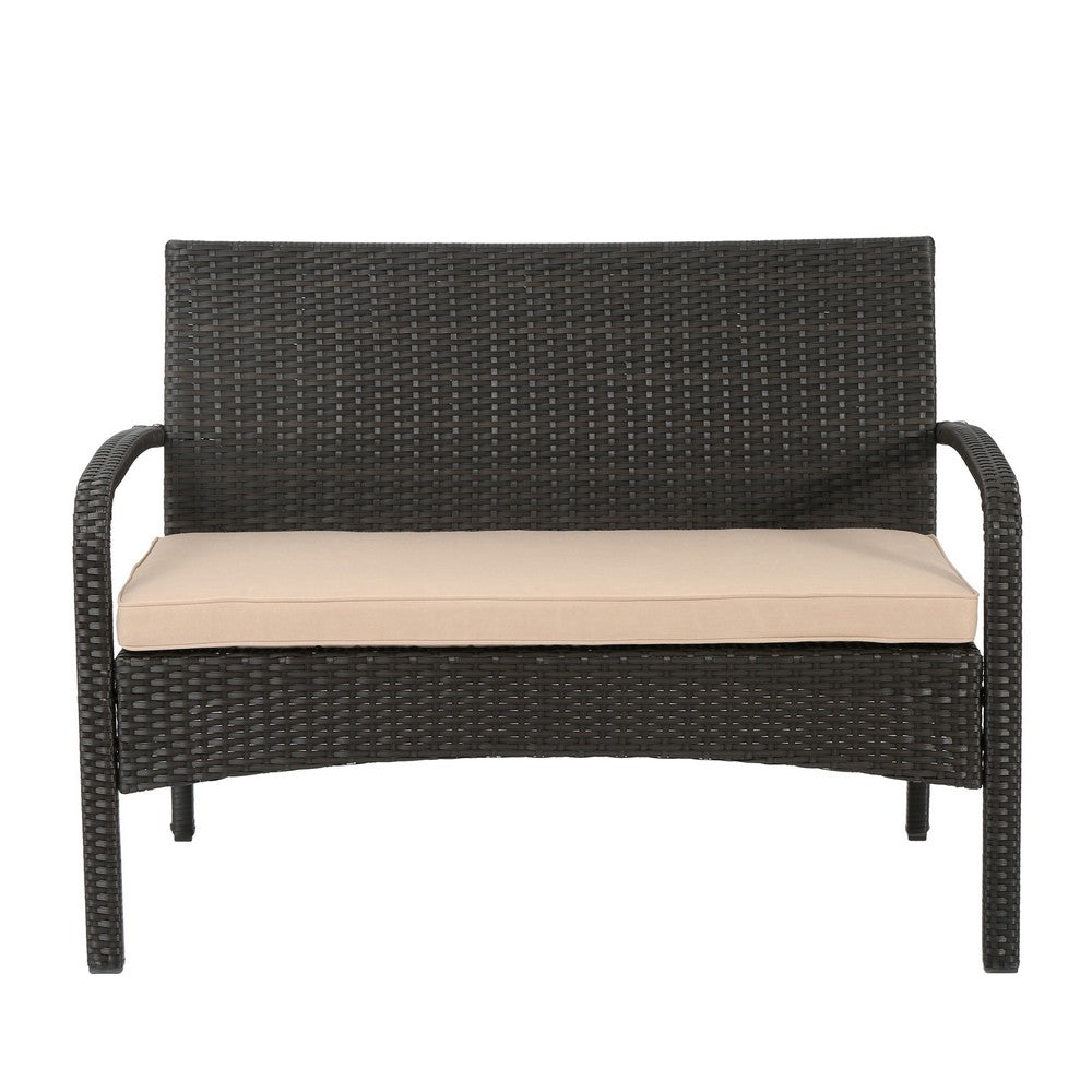 Orry 4pc Outdoor Table Set, 1 Loveseat, 2 Accent Chairs, Tan, Brown Rattan