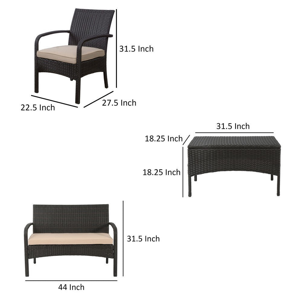 Orry 4pc Outdoor Table Set, 1 Loveseat, 2 Accent Chairs, Tan, Brown Rattan