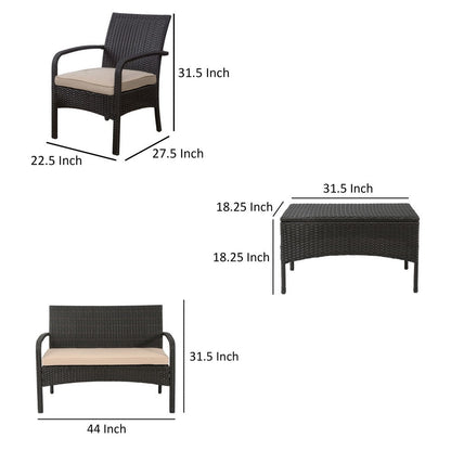 Orry 4pc Outdoor Table Set, 1 Loveseat, 2 Accent Chairs, Tan, Brown Rattan