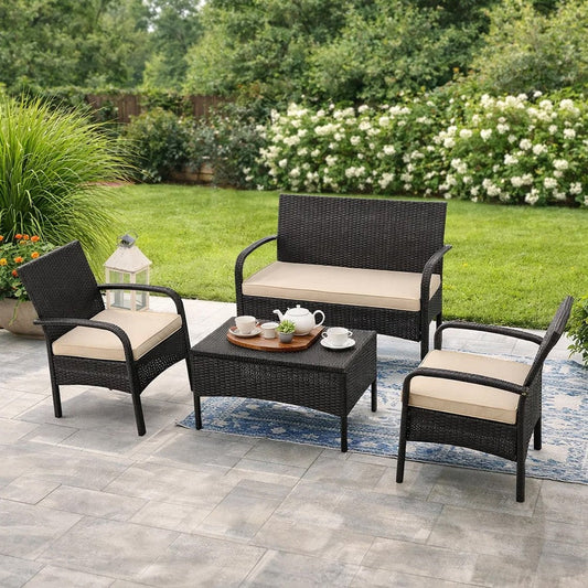 Orry 4pc Outdoor Table Set, 1 Loveseat, 2 Accent Chairs, Tan, Brown Rattan