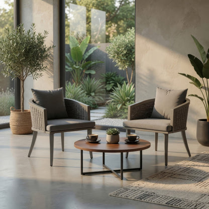 Ruble Accent Chair Set of 2, Gray Waterproof Fabric, Outdoor Rattan, Iron