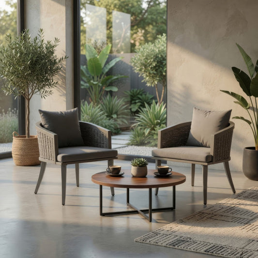 Ruble Accent Chair Set of 2, Gray Waterproof Fabric, Outdoor Rattan, Iron