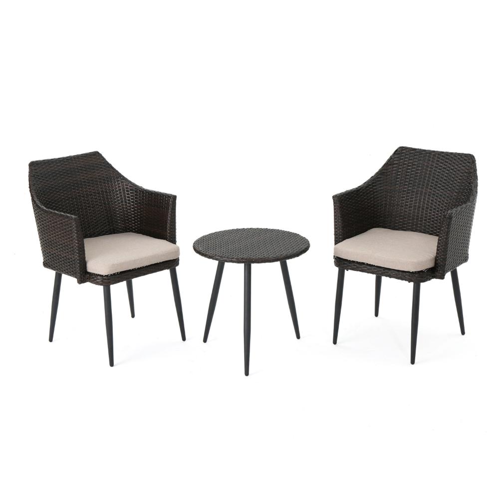 Kenny 3pc Outdoor Accent Chair Set, 1 Table, White, Brown Rattan, Iron