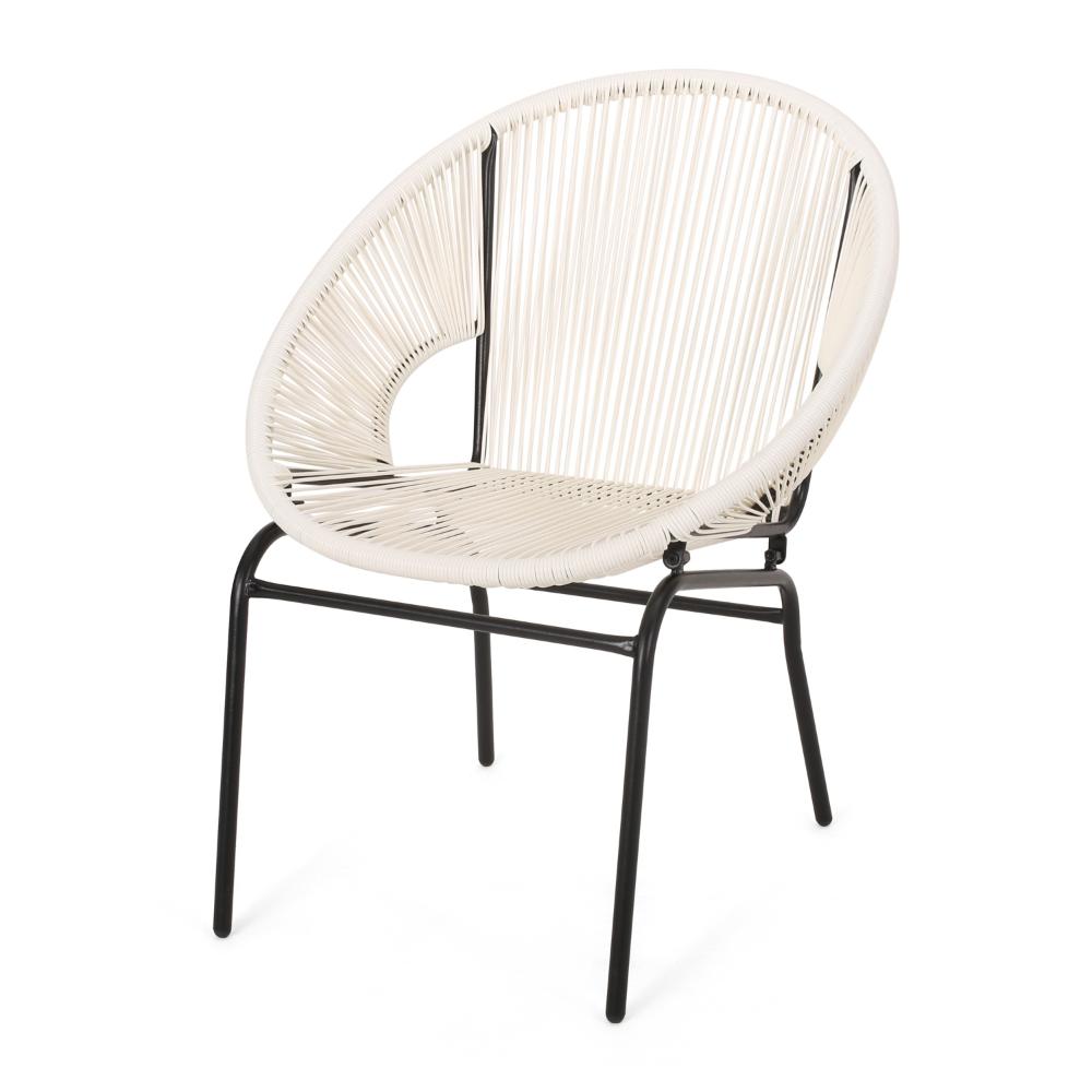 Sanu Outdoor Accent Chair Set of 2, White PE Rattan, Black Iron, Round Back