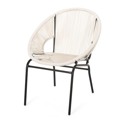 Sanu Outdoor Accent Chair Set of 2, White PE Rattan, Black Iron, Round Back