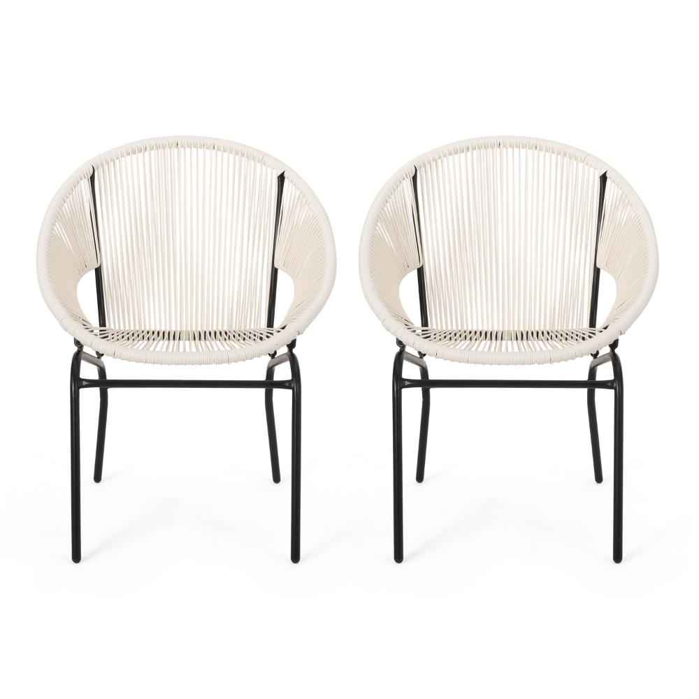 Sanu Outdoor Accent Chair Set of 2, White PE Rattan, Black Iron, Round Back