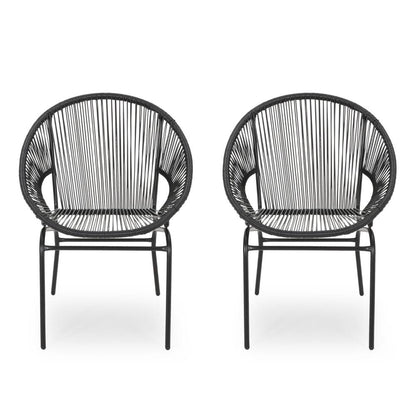 Sanu Outdoor Accent Chair Set of 2, PE Rattan, Black Iron, Round Backrests