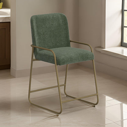 Suze Counter Height Chair, Arch Back, Gold Iron, Olive Green Polyester