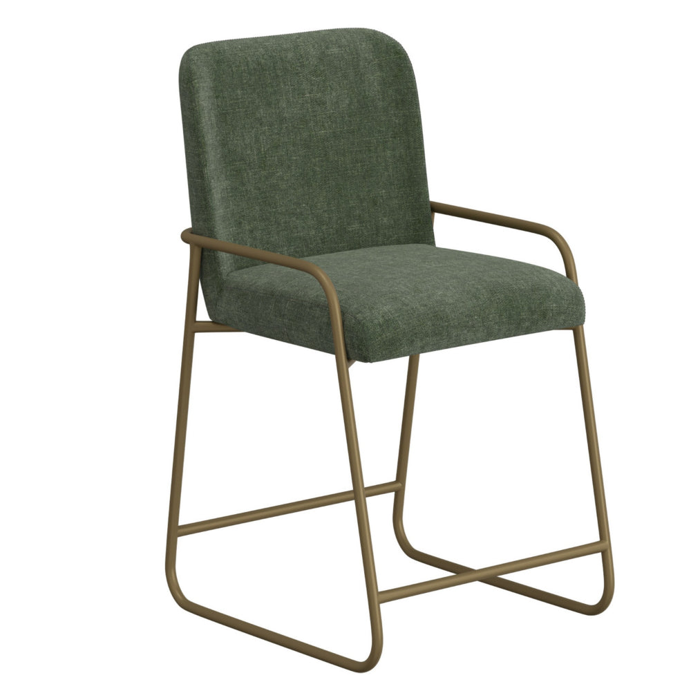 Suze Counter Height Chair, Arch Back, Gold Iron, Olive Green Polyester