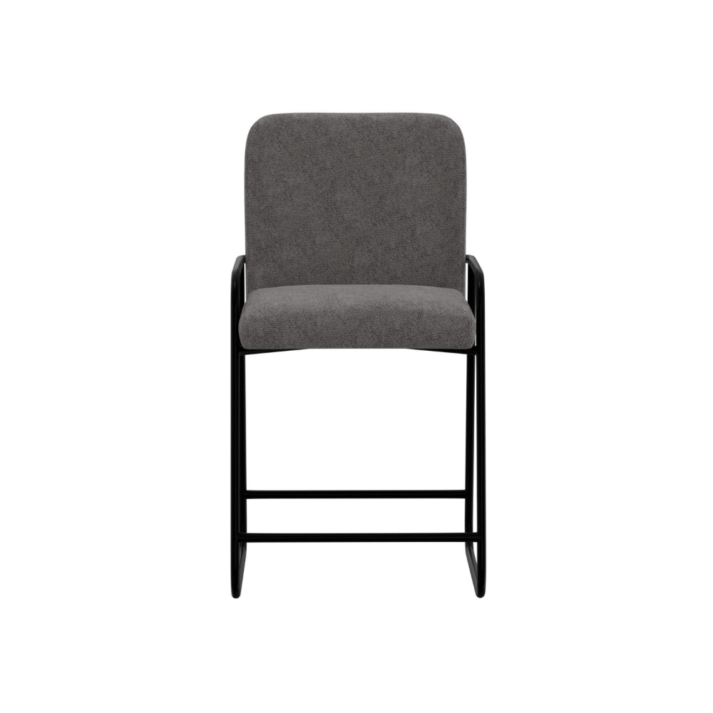 Suze Counter Height Chair, Arched Back, Black Iron, Dark Gray Polyester