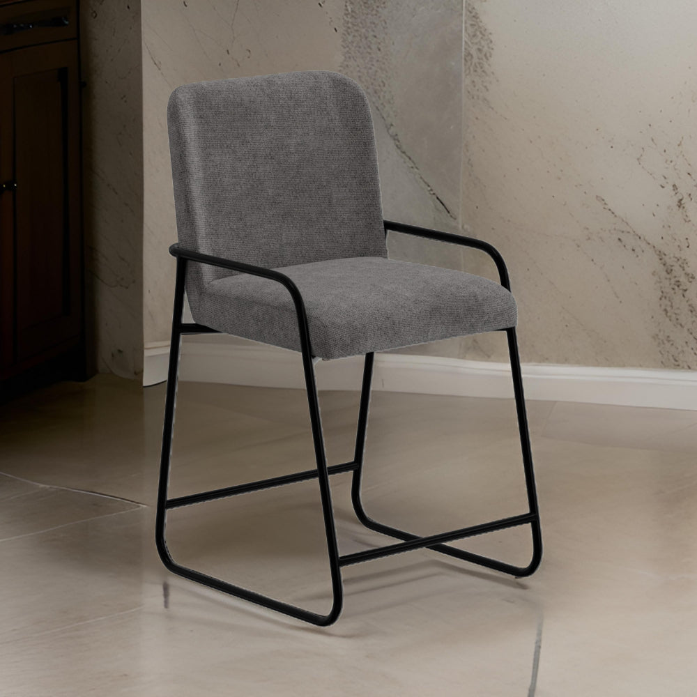 Suze Counter Height Chair, Arched Back, Black Iron, Dark Gray Polyester