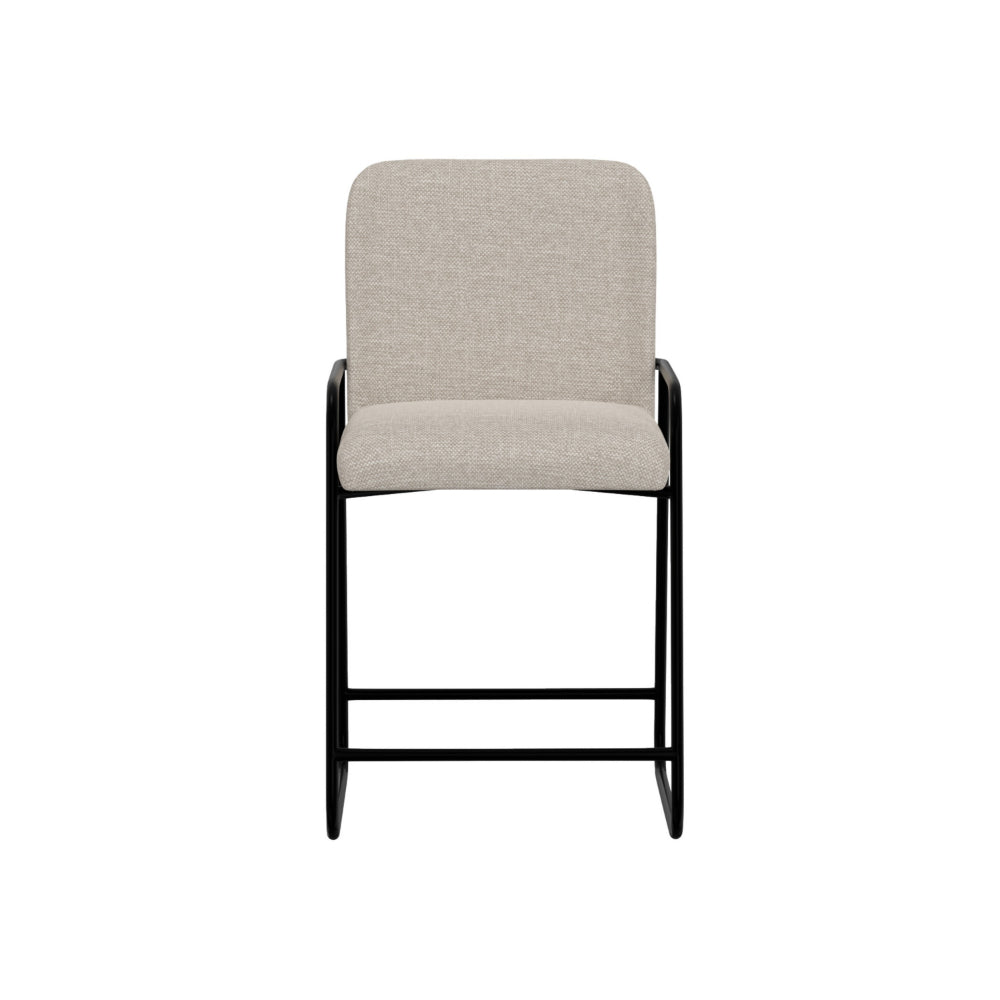 Suze Counter Height Chair, Arched Back, Black Iron, Light Beige Polyester