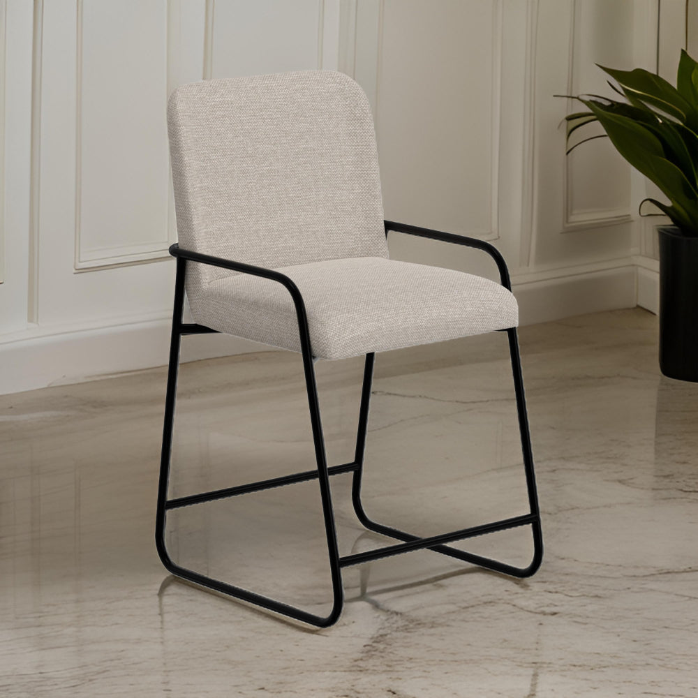 Suze Counter Height Chair, Arched Back, Black Iron, Light Beige Polyester