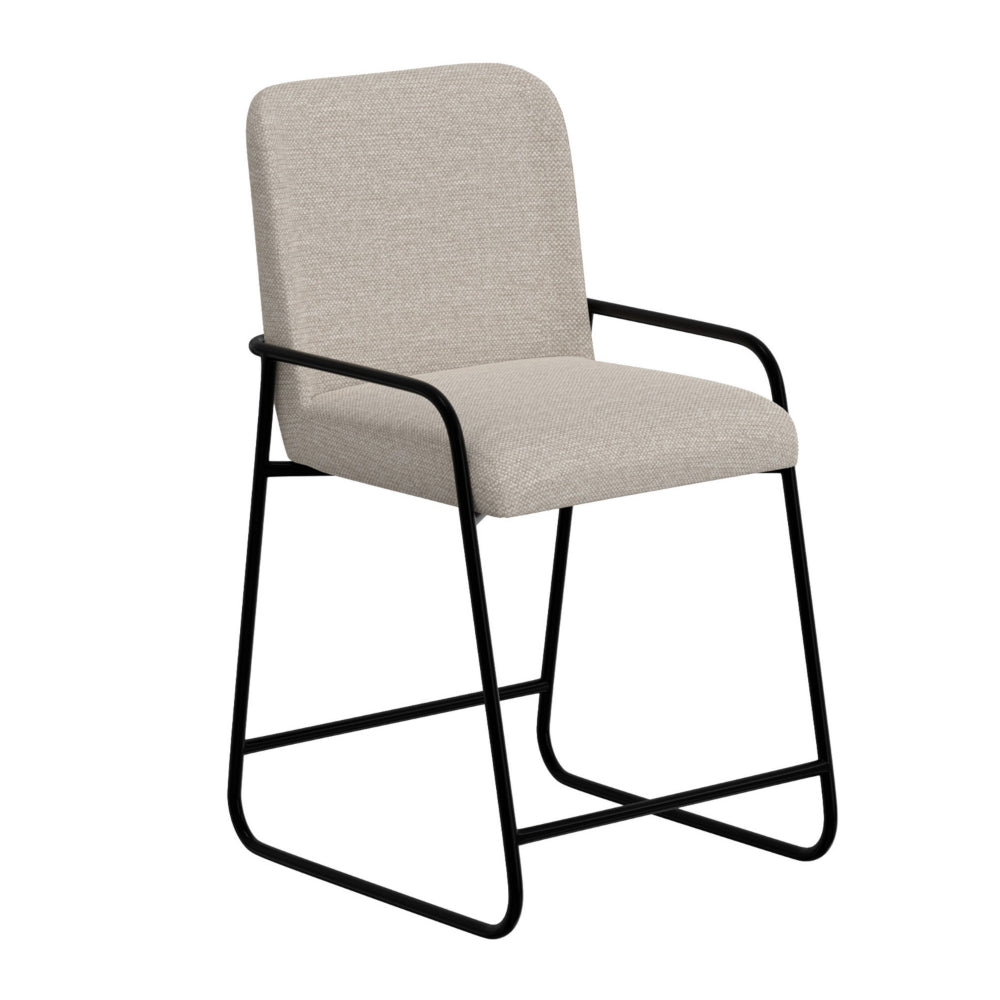 Suze Counter Height Chair, Arched Back, Black Iron, Light Beige Polyester