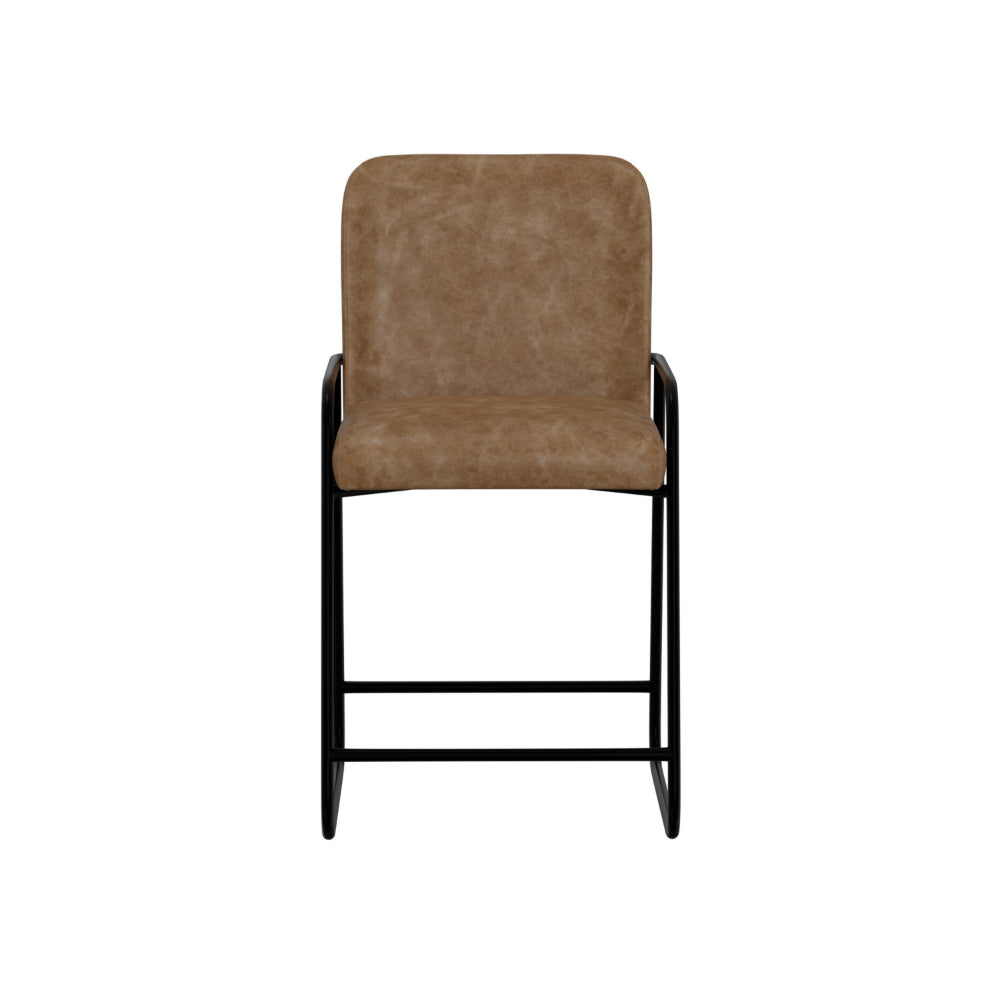 Suze Counter Height Chair, Arched Back, Black, Cognac Brown Faux Leather