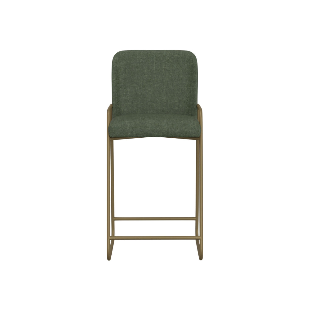 Suze Barstool Chair with Arched Back, Gold Iron, Olive Green Polyester