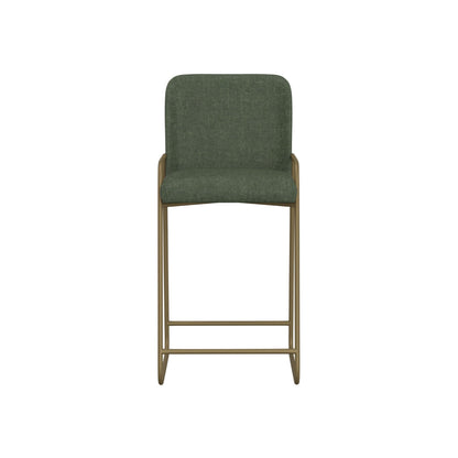 Suze Barstool Chair with Arched Back, Gold Iron, Olive Green Polyester
