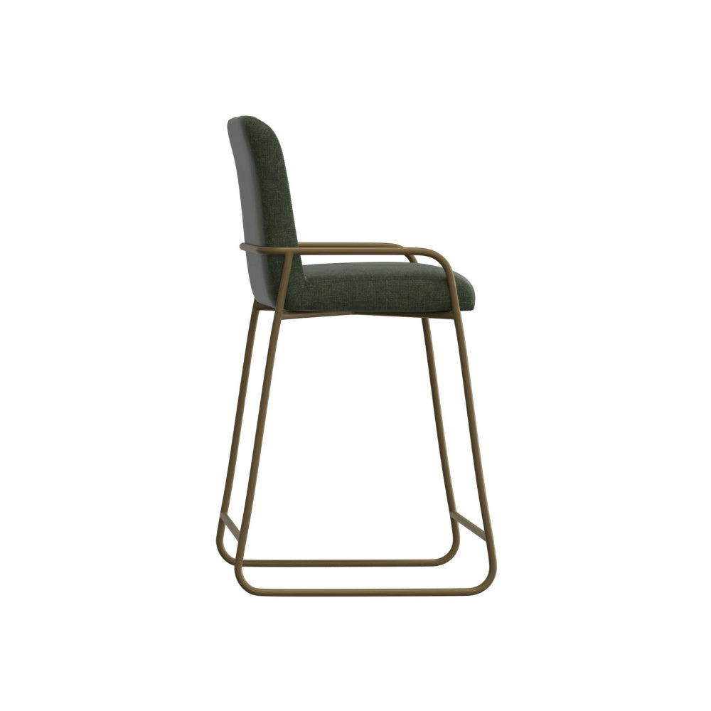Suze Barstool Chair with Arched Back, Gold Iron, Olive Green Polyester
