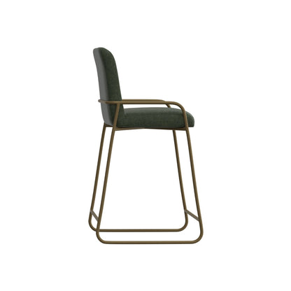 Suze Barstool Chair with Arched Back, Gold Iron, Olive Green Polyester