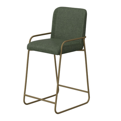 Suze Barstool Chair with Arched Back, Gold Iron, Olive Green Polyester