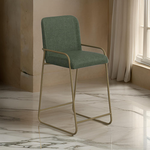 Suze Counter Height Chair, Arch Back, Gold Iron, Olive Green Polyester