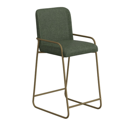 Suze Barstool Chair with Arched Back, Gold Iron, Olive Green Polyester