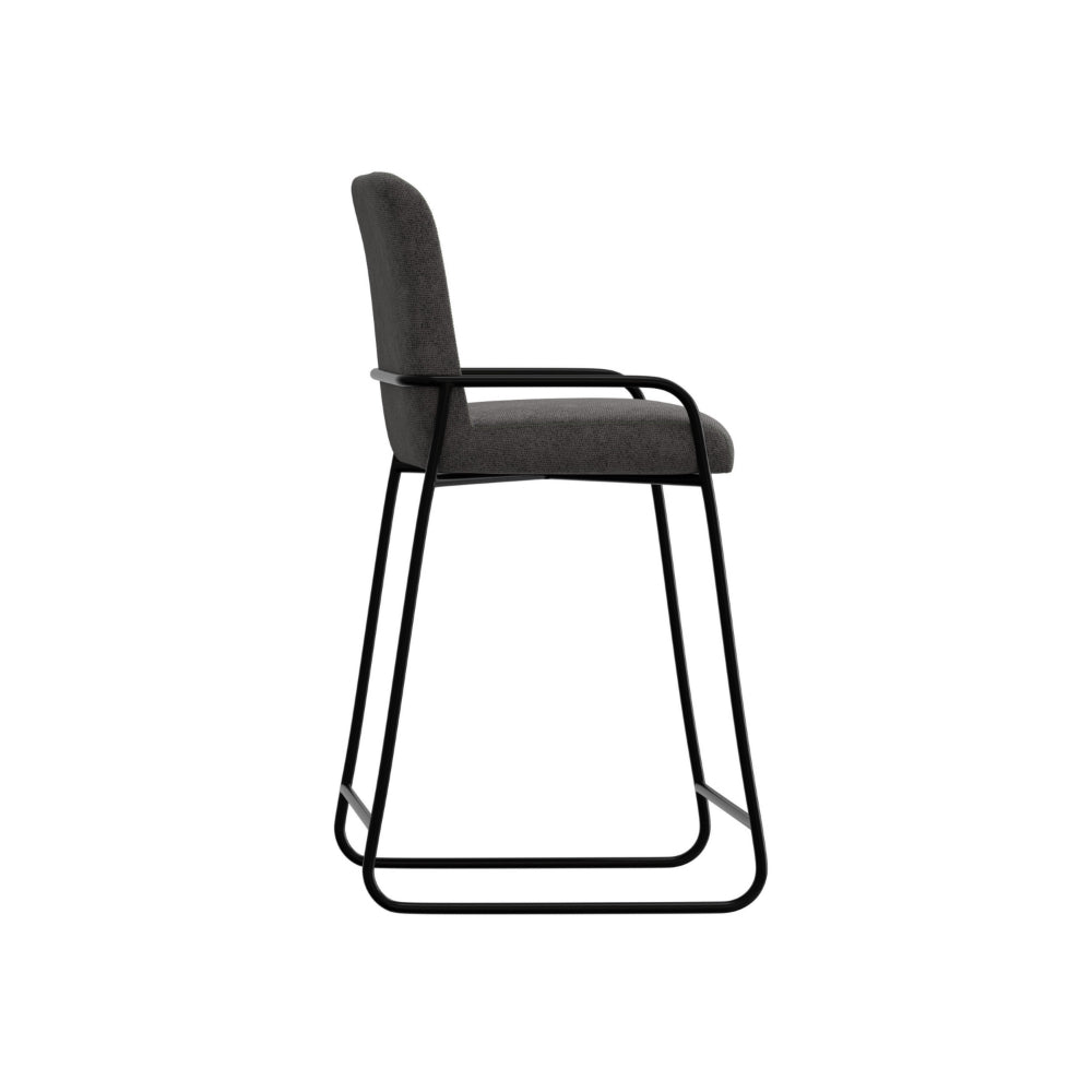 Suze Barstool Chair with Arched Back, Black Iron Frame, Gray Polyester
