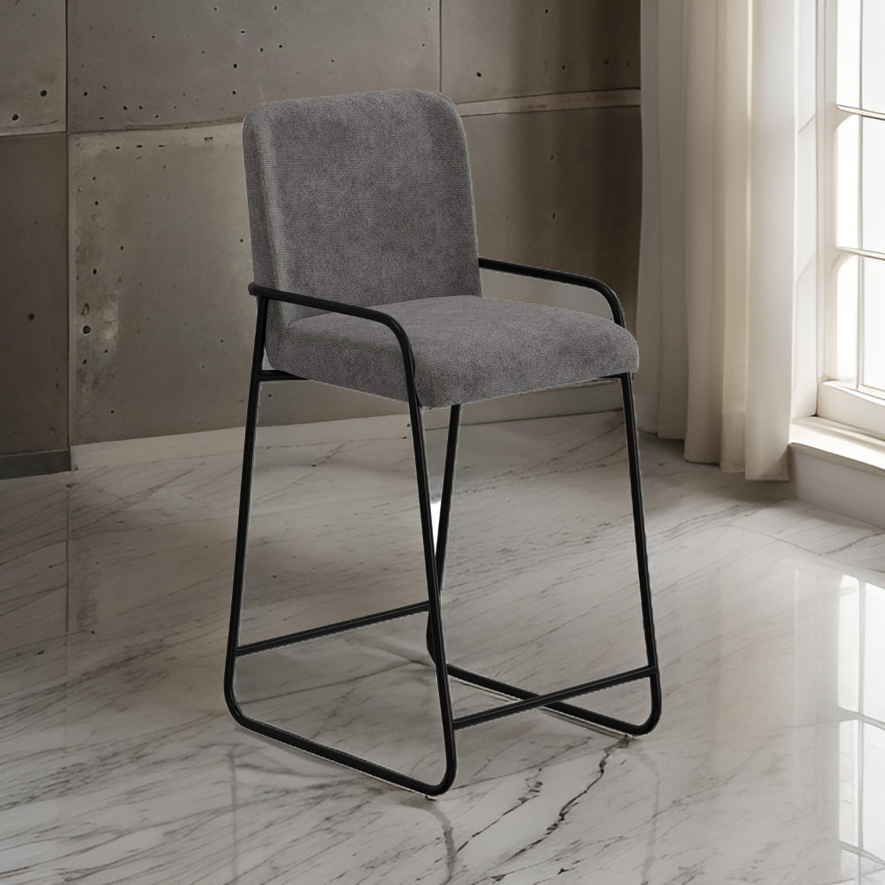 Suze Barstool Chair with Arched Back, Black Iron Frame, Gray Polyester