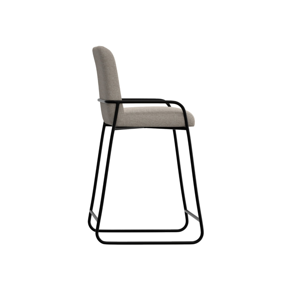Suze Barstool Chair with Arched Back, Black Iron Frame, Beige Polyester