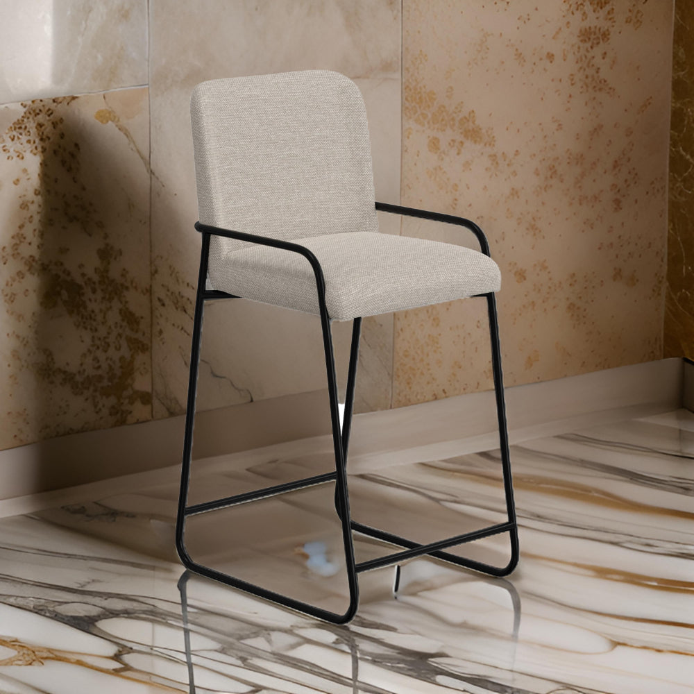 Suze Barstool Chair with Arched Back, Black Iron Frame, Beige Polyester