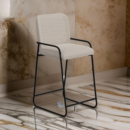 Suze Barstool Chair with Arched Back, Black Iron Frame, Beige Polyester