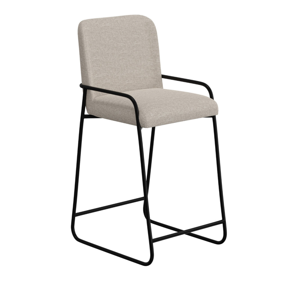 Suze Barstool Chair with Arched Back, Black Iron Frame, Beige Polyester